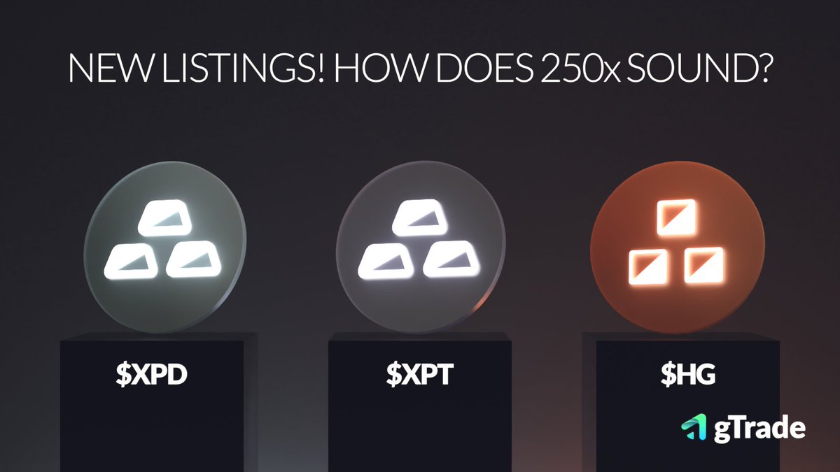 GainsNetwork_io's tweet image. New listings ✨

$XPD (Palladium), $XPT (Platinum), and $HG (Copper) are now live on gTrade again.

Trade key industrial and precious metals with up to 250x leverage, as commodities continue to see renewed momentum.

➡️ gains.trade/trading#XPD-USD