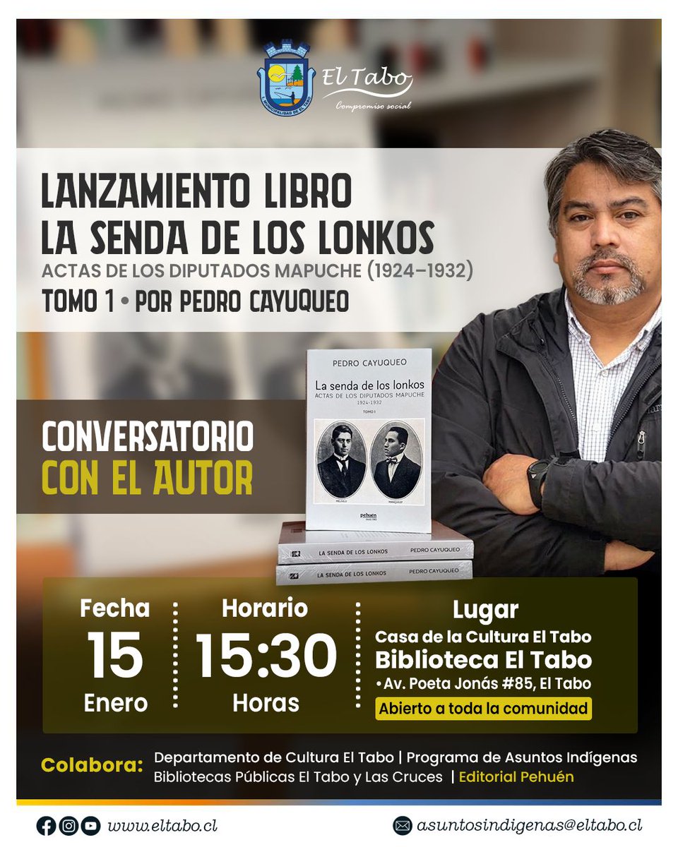 Amigas/os de la costa central, la gira de presentaciones de mi nuevo libro llega mañana jueves a El Tabo. La cita es a las 15:30 horas en la Casa de la Cultura. ¡Los esperamos a todos y todas! 👍🏽 #LaSendadelosLonkos
tienda.pehuen.cl/products/la-se…
