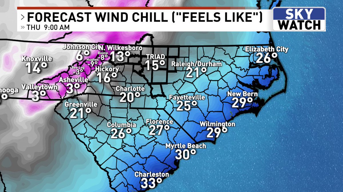 JonathanWeant's tweet image. It's going to feel more like 10-15 degrees for the Piedmont THUR AM &amp;amp;several degrees below 0 for the MNTS. Make sure to bundle up in layers stepping outside for that morning commute. Feel like temps stay in the 20s throughout the afternoon as winds gust into the teens and 20s.