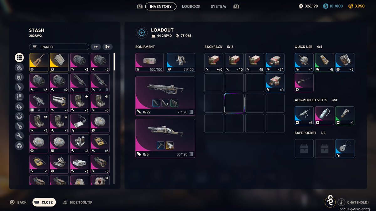 TopsideRaider's tweet image. This is my go-to load-out for most topside runs. What’s in your pack? 

Also, if you find this on Spaceport near the launch tower, extract let me know! 😆