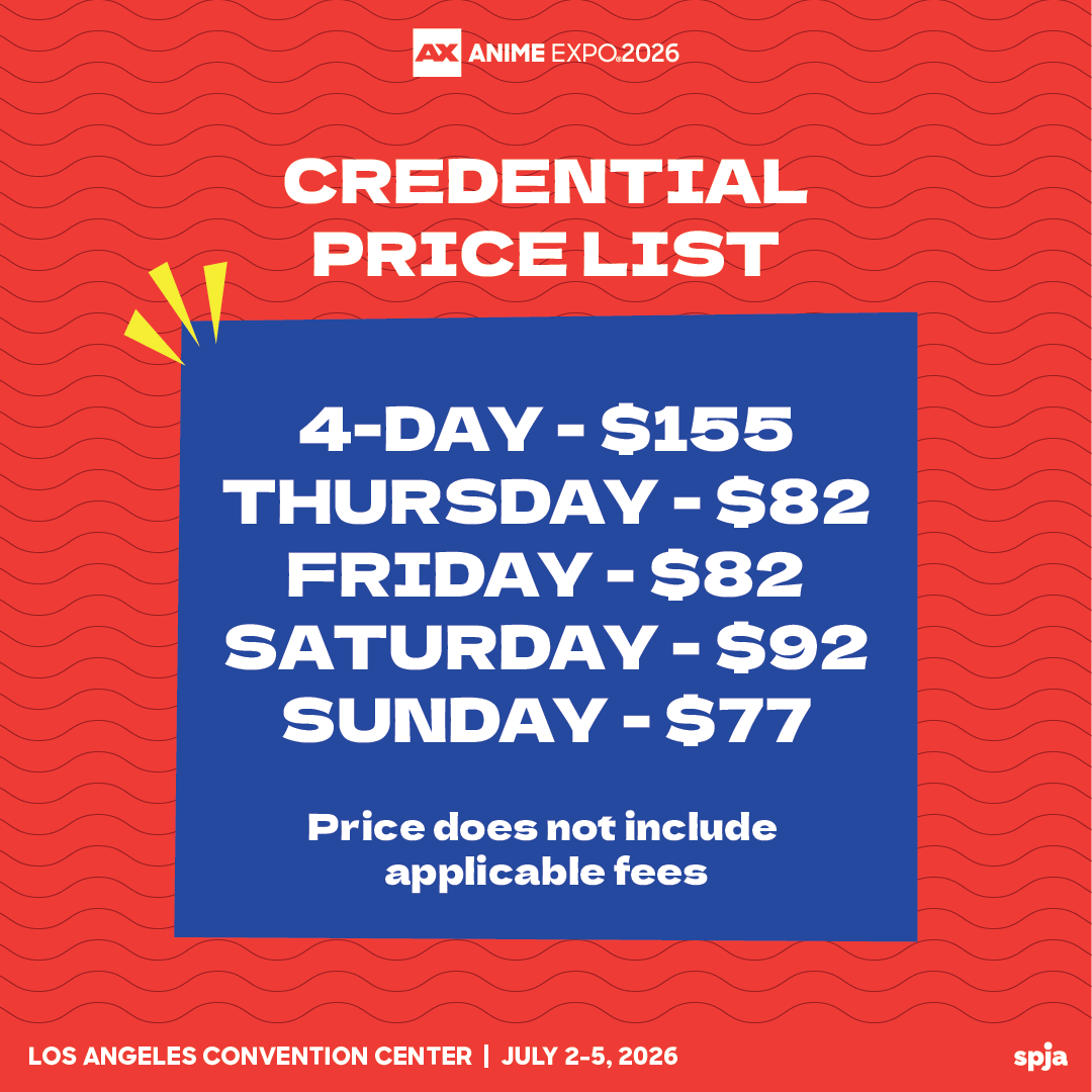 🎟️✨ General Registration opens January 20 at 12PM PT! Get ready to start planning your Anime Expo 2026 experience. 🗓️🎌

💳 Credential Price List
📅 4-Day — $155
🎉 Thursday — $82
🔥 Friday — $82
⭐ Saturday — $92
🌙 Sunday — $77
*Prices does not include applicable fees.

🔗