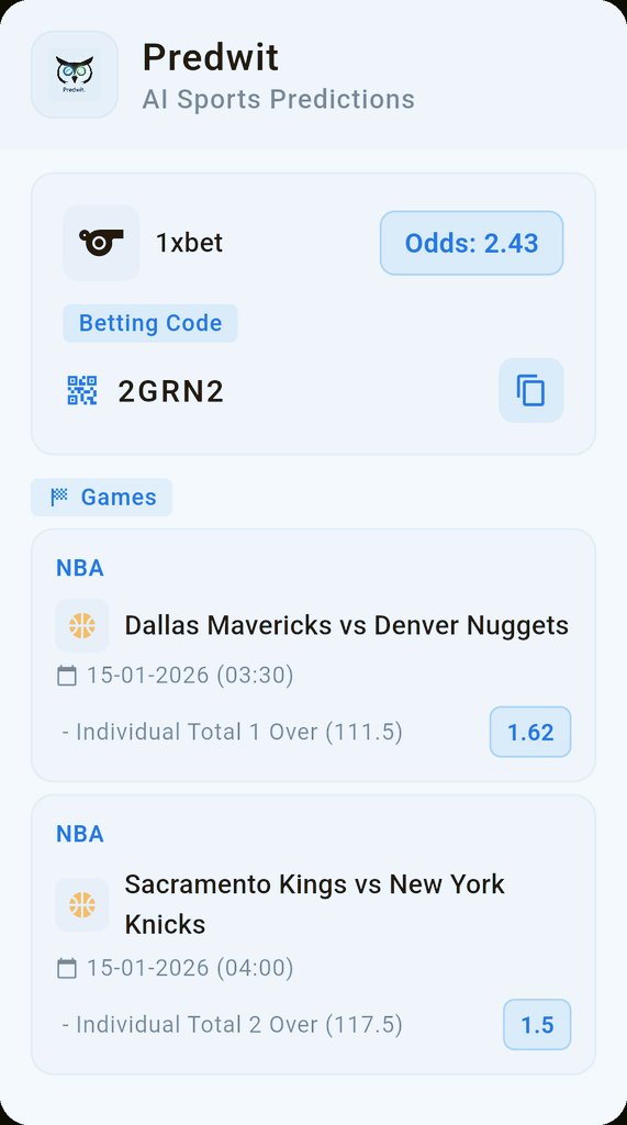 predwit's tweet image. 2.43 odds bet code for 1xbet
Confidence: High
Bet code: 2GRN2

Shared via Predwit AI Sports Prediction App 🎯
Get more winning predictions → predwit.com