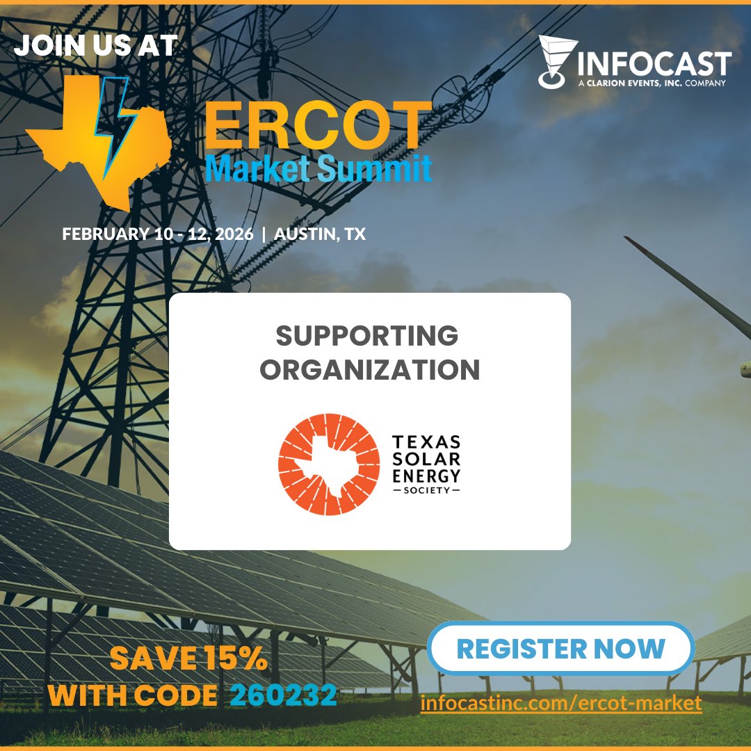 TXSES's tweet photo. The #ERCOT Market Summit is coming up soon in February & #TXSES is proud to be a supporting organization! 📣☀️ Get 15% off with the TXSES code⚡️
☀️ Feb. 10–12, 2026 | @KalahariResorts-Round Rock, TX
➡️ https://t.co/W8ZLYuEhuQ
@ERCOT_ISO @infocast_events #solar #TexasGrid https://t.co/YwlYmFYqLi
