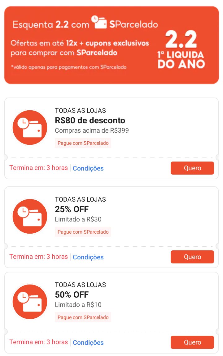 PostandoCupons's tweet image. 🟧 CUPONS SHOPEE - Esquenta 2.2 - SParcelado

🎟️ R$80 OFF em compras acima de R$399

🎟️ 25% OFF - limitado a R$30

🎟️ 50% OFF - limitado a R$10

🎟️ Resgate seu cupom no final da página 
↪️ s.shopee.com.br/3fxR56Fsa7