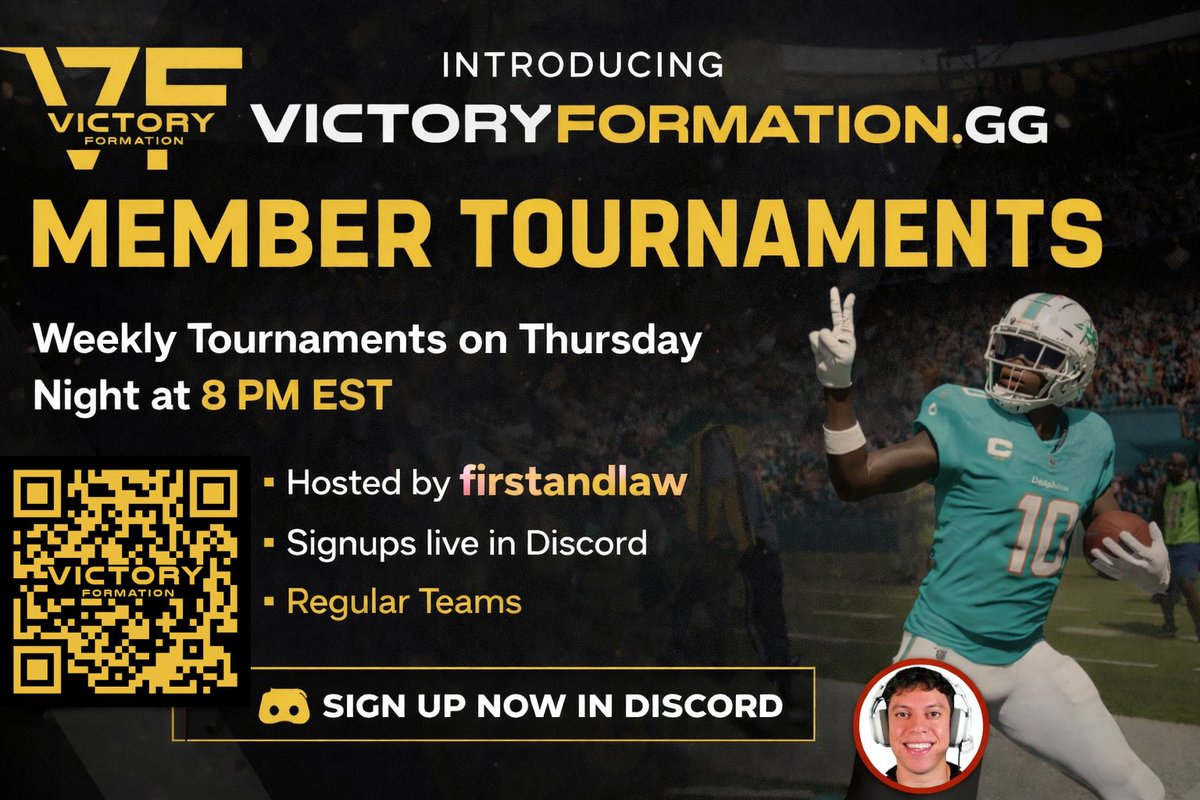 VFormationGG's tweet image. VictoryFormation.GG member tournaments are LIVE 🏆

📅 Weekly Thursday night Madden 26 tournaments at 8 PM EST
🚨 First one is TOMORROW
🎮 Hosted by @firstandlaw
📲 Signups live in Discord
🏈 Regular teams only
💰 Cash prizes on the line

If you’re a member, this is where you…