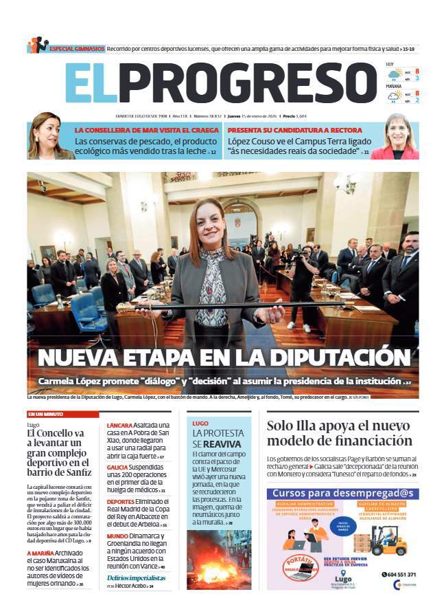 elprogreso_Lugo's tweet photo. #PortadaEP 📰 La nueva era en la Diputación de Lugo y las protestas de ganaderos en la ciudad, temas destacados en la primera plana de El Progreso de este jueves 15 de enero https://t.co/qEwvEZWYwY
