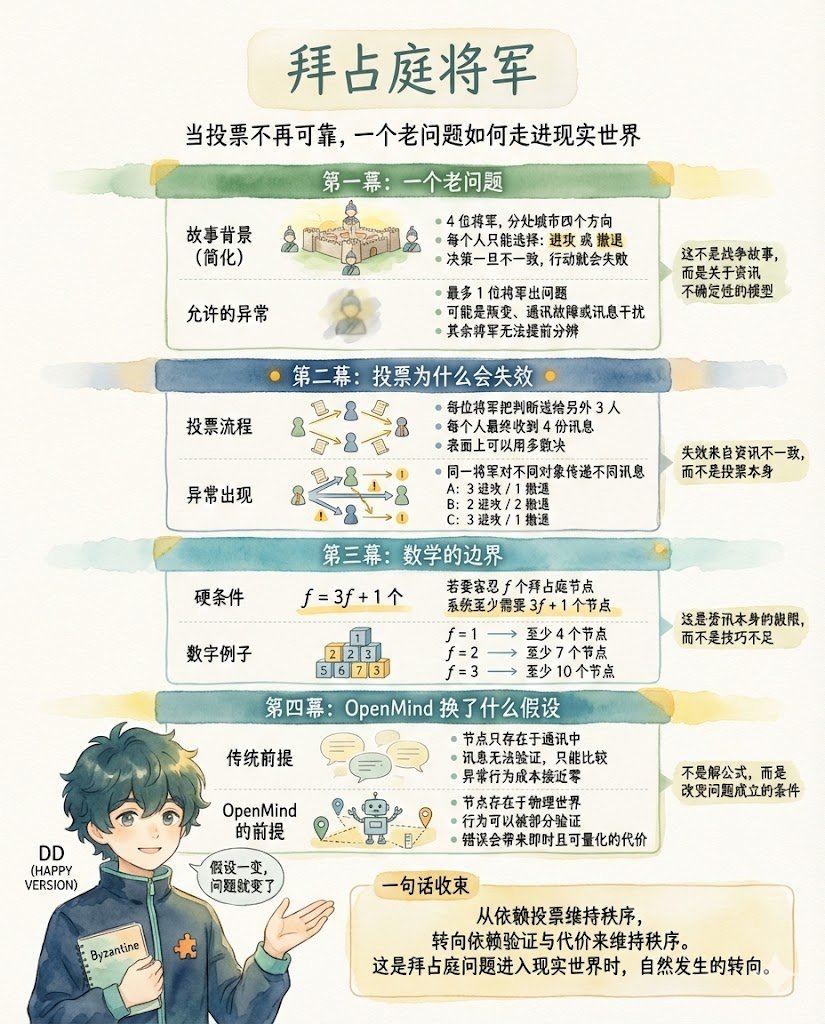 拜占庭将军> 其实昨天晚上我提的那个故事，是在讲拜占庭将军问题。 他是真的挺老了不过在剧本杀还有玩密室的时候常常出现