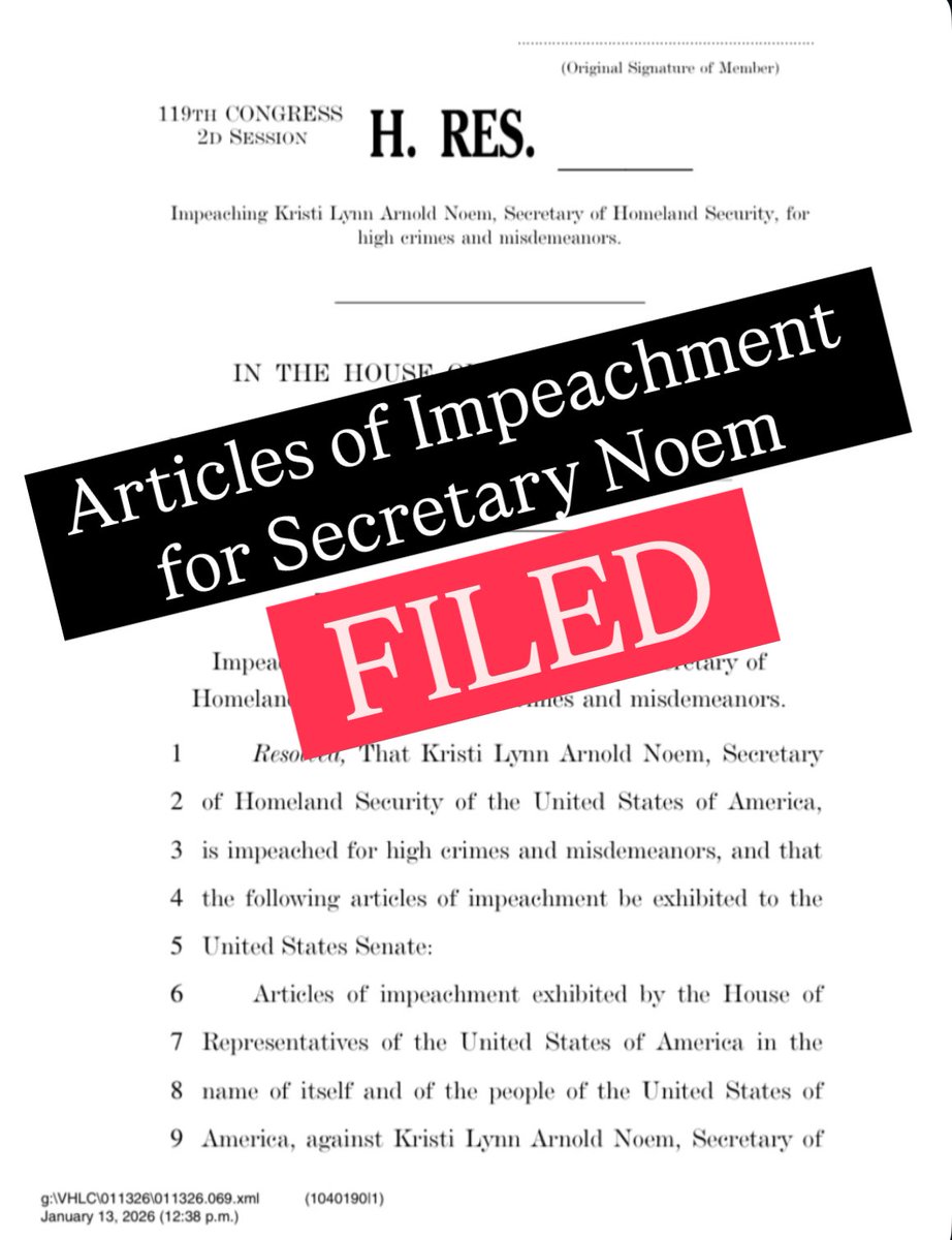 Today, myself and 70 other Members of Congress joined <a href="/RepRobinKelly/">Robin Kelly</a> in filing Articles of Impeachment against Secretary Noem and her lawless leadership of DHS.