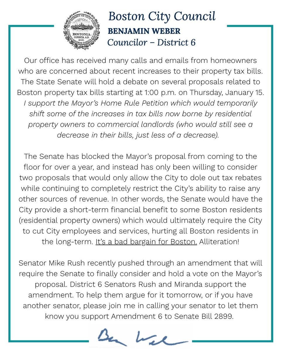Please join me in calling your senator in support of Sen Rush’s amendment of SB 2899 regarding property tax increases in Boston