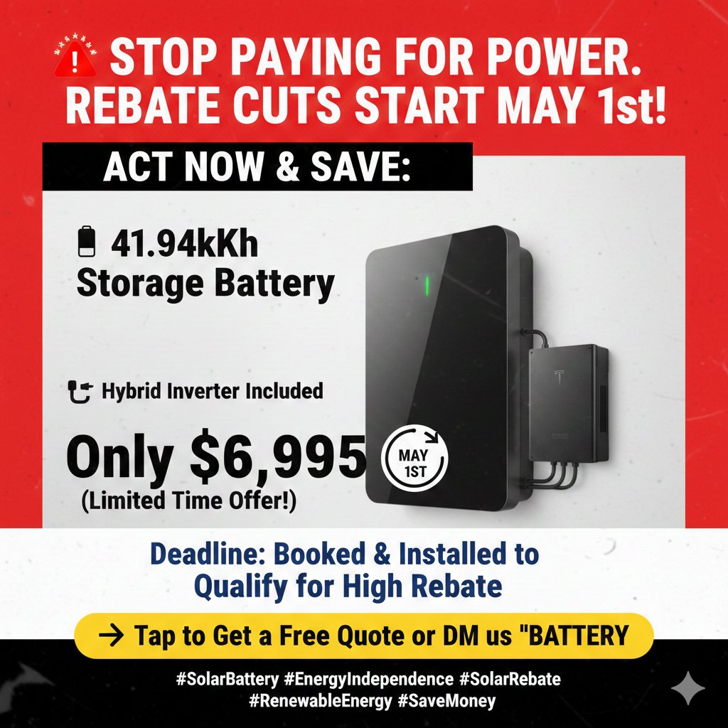 STOP PAYING FOR POWER. REBATE CUTS START MAY 1st!
ACT NOW &amp; SAVE: 🔋 41.94kWh Storage Battery 🔌 Hybrid Inverter Included 💰 Only $6,995 (Limited Time Offer!)
DM us "BATTERY" to lock in your price! or call 0411798012