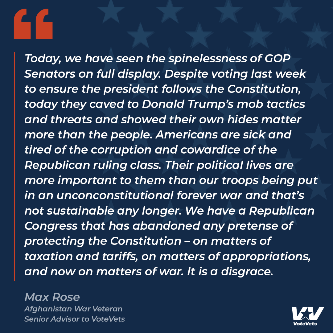 votevets's tweet image. Pathetic collapse by @HawleyMO and @SenToddYoung. They talked tough on war powers last week but folded the second the pressure turned up. They’ve officially surrendered their Congressional authority to the White House. Rubber stamps, not Senators.