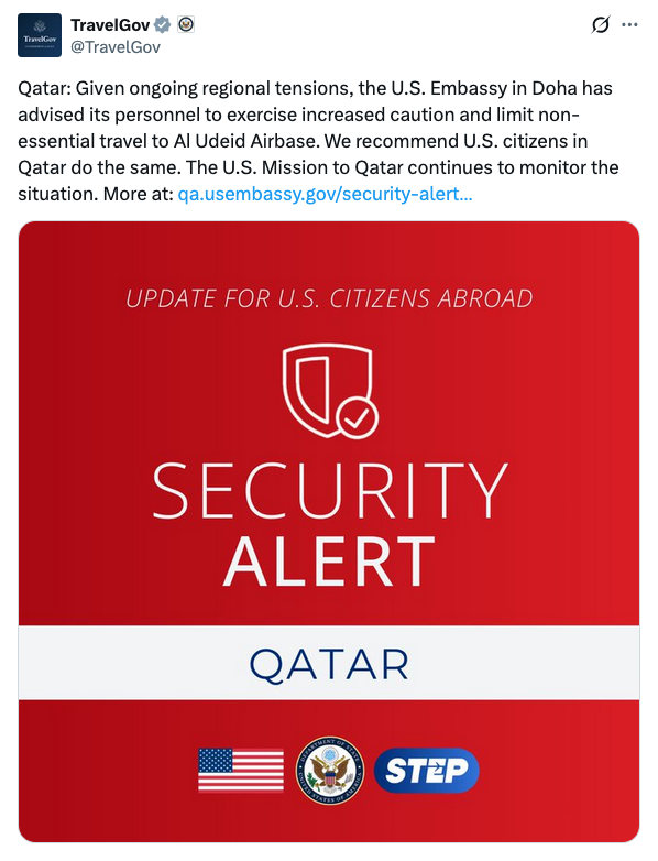 Worldsource24's tweet photo. BREAKING: The U.S. Embassy in Doha has directed its staff and U.S. citizens in Qatar to exercise heightened caution and restrict non-essential travel to Al Udeid Airbase, citing "ongoing regional tensions." https://t.co/Pk8jTvH4wg