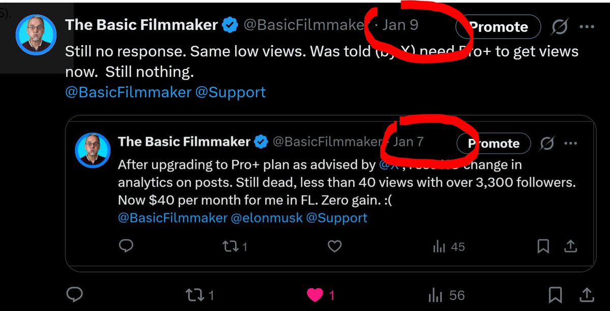BasicFilmmaker's tweet image. STILL no response from @X . Still low counts. Was told $40/month gave me more visibility? Not. Sigh. Anyone at X listening??? :(
@BasicFilmmaker @Support @elonmusk