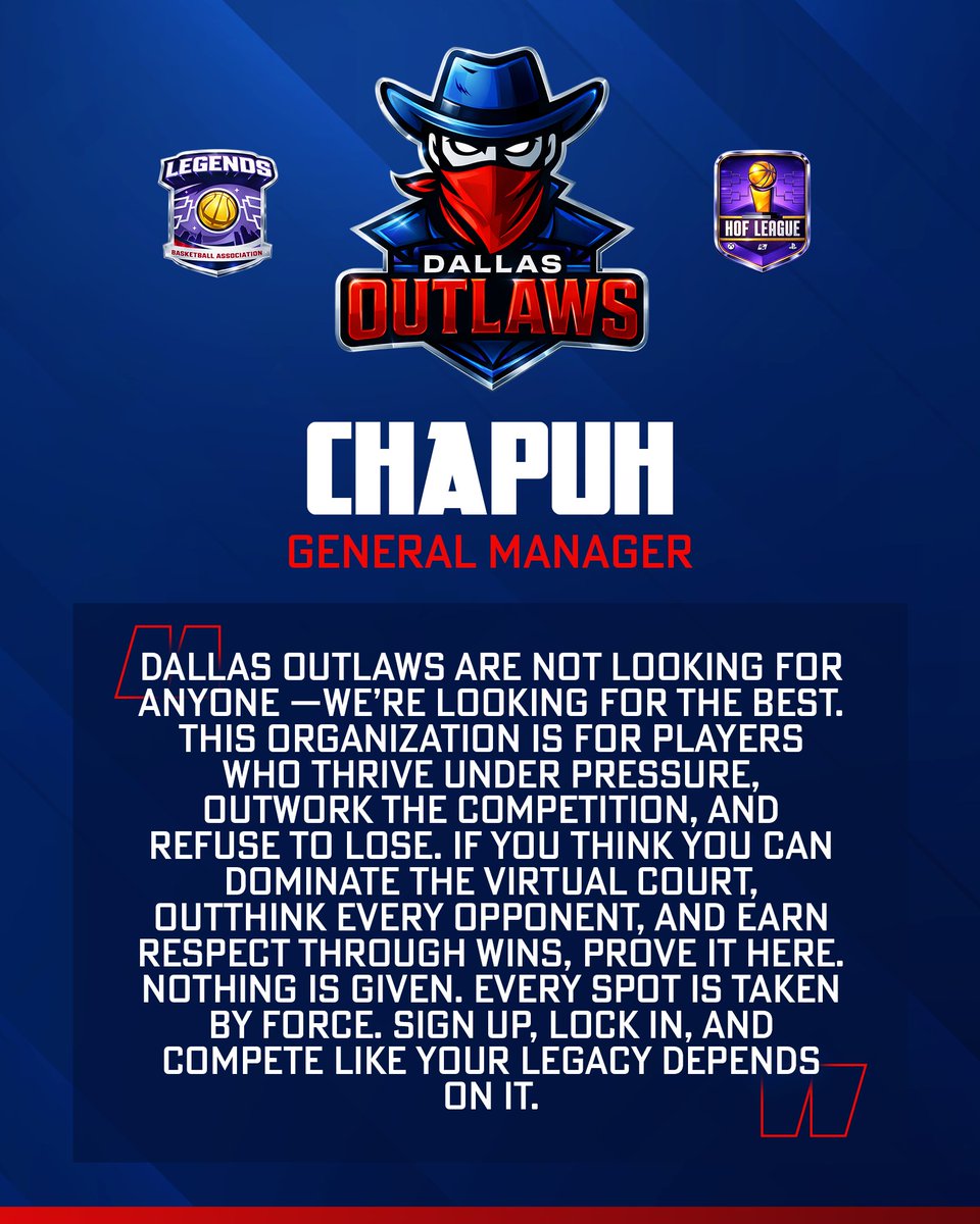 TheLBALeague's tweet image. The Dallas Outlaws will be led by @chapuhv_ in their first season the Legends Basketball Association!

"Sign Up, Lock In, and compete like your legacy depends on it" - Pretty much says it all!

Lets Run!