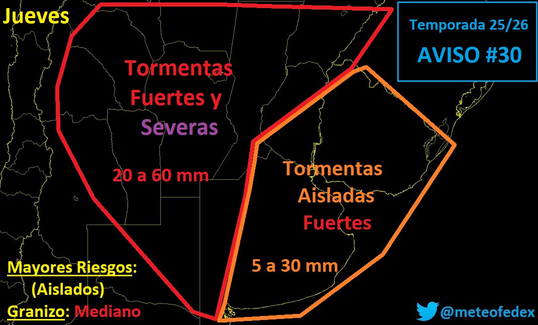 #Tormenta JUEVES | Permanece una masa de aire inestable, con ola de calor en algunas provincias. 

Un débil frente frío dejará tormentas a su paso, con actividad temprano en Cuyo, Pampa y Cba. En el Litoral severidad en la tarde.

Baires con menores chances sin horario definido.