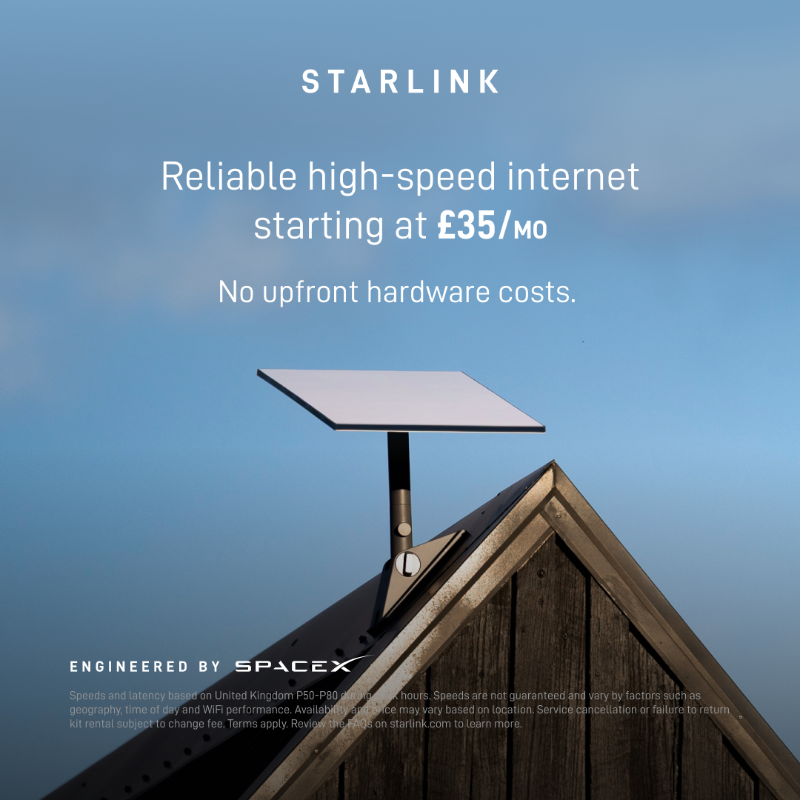 Starlink's tweet photo. Now offering fast, reliable internet starting at £35/mo for seamless streaming, working from home, gaming, and more.

Order online in minutes.