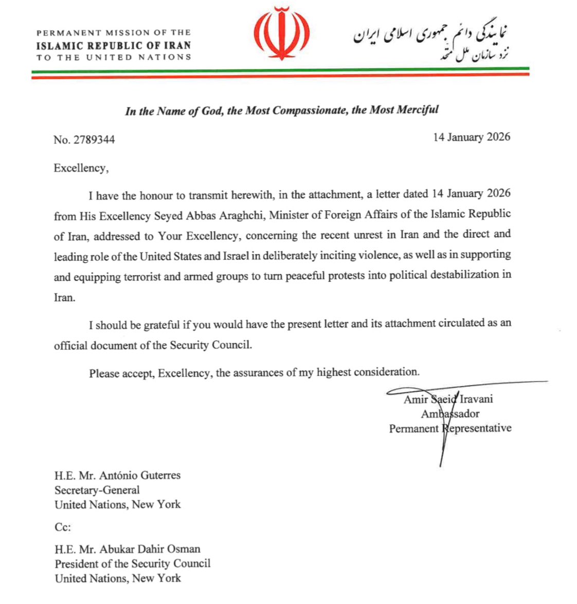 This is beyond belief.

The Iranian UN ambassador has sent a letter to the UN, complaining about protesters in Iran, whom he describes as “terrorists and armed groups turning peaceful protests into political destabilization.”

This is the same regime that shoots protesters, hangs
