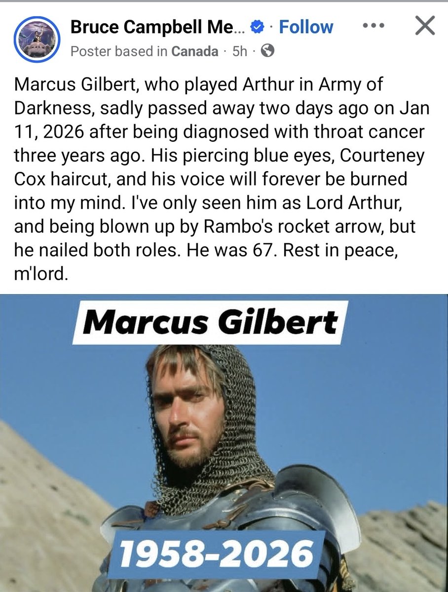 GroovyBruce's tweet image. Marcus endured long days of torment, battling the undead under desert skies and in heavy armor for Army of Darkness. He never complained. A very sweet guy. Safe travels, sir.
facebook.com/share/p/14VVRc…