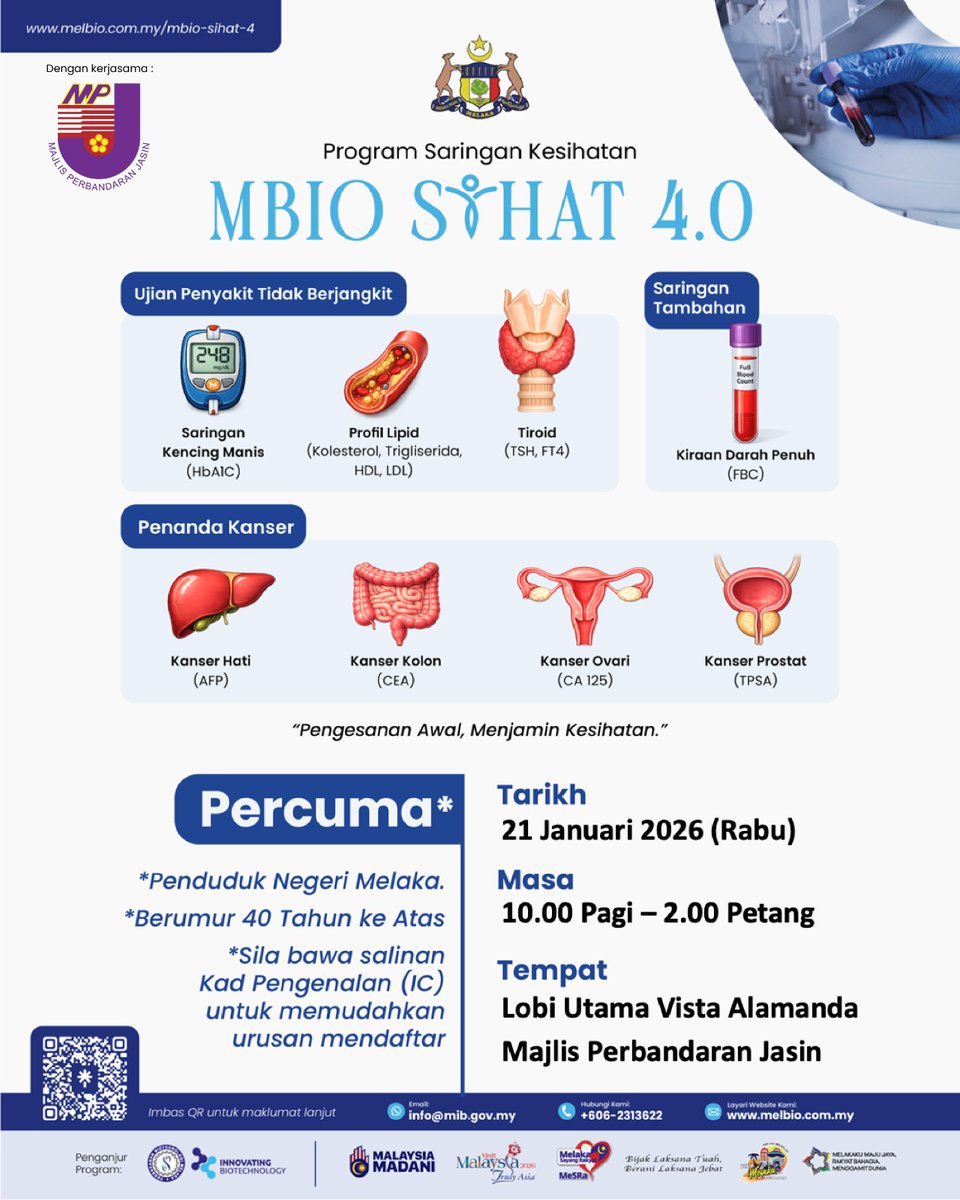 JOM DERMA DARAH &amp; SARINGAN PEMERIKSAAN KESIHATAN PERCUMA

'Setitik darah yang didermakan boleh membantu menyelamatkan nyawa'

'Lakukan Pemeriksaan Kesihatan Demi Sihat Sepanjang Hayat'

Tarikh : 21 Januari 2026 (Rabu)
Masa : 10.00 Pagi - 3.00 Petang
Tempt : Lobi Utama MPJ
