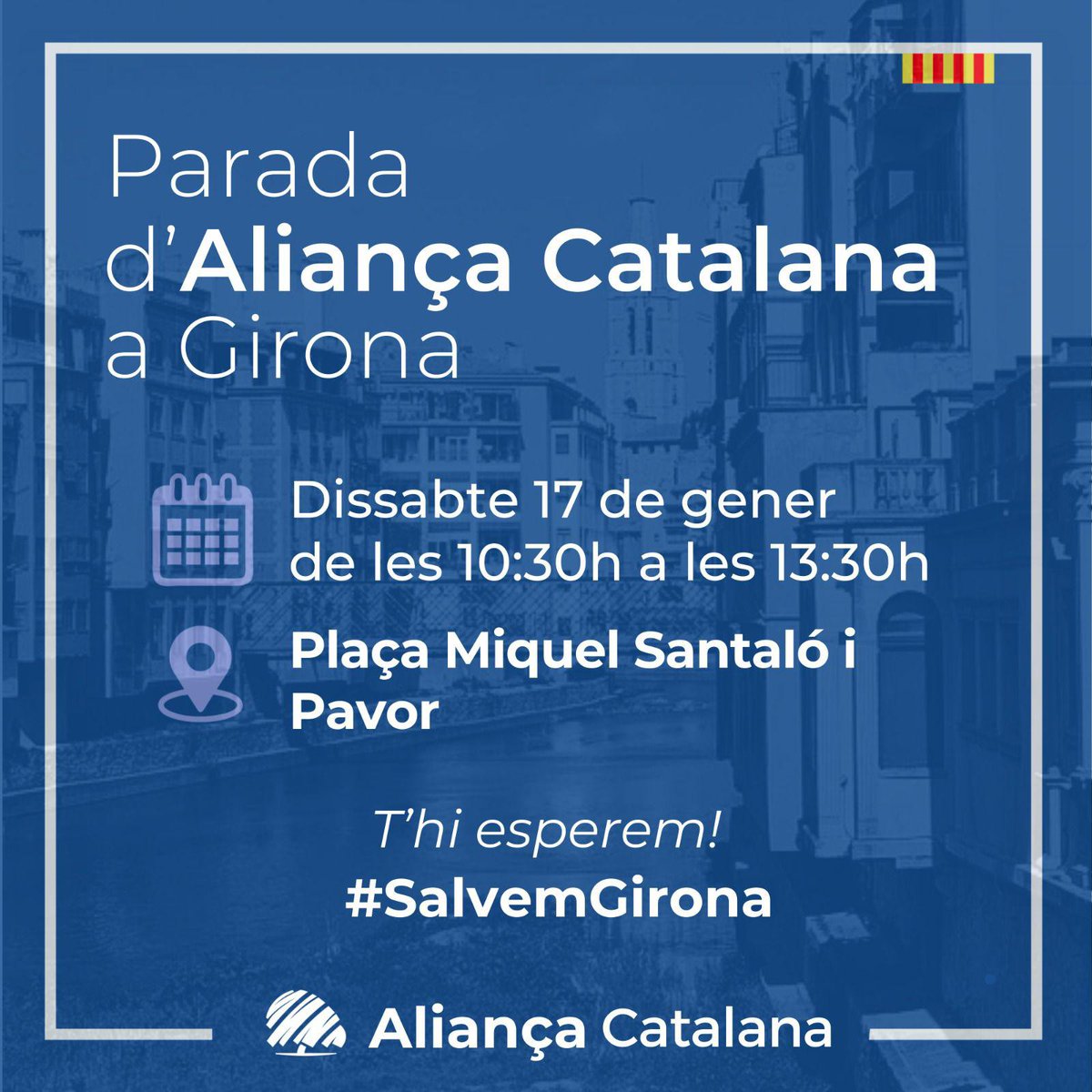 GironesAC's tweet image. 💙Girona
Aquest dissabte 17 de gener, sortim al carrer.
Parada d’Aliança Catalana per defensar la nostra ciutat i escoltar la gent.
T’hi esperem! ✊
 #AliançaCatalana #SalvemElGironès