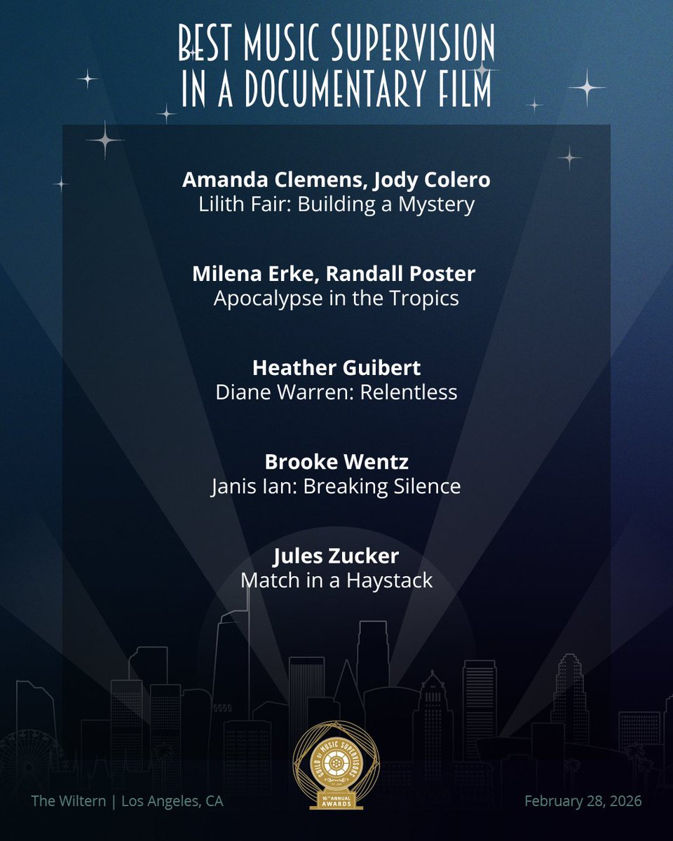 InciteMgmt's tweet photo. Congratulations to Incite’s music supervisor clients on their 2026 GMS Awards nominations! 

✨ Heather Guibert — Diane Warren: Relentless

✨ Laura Webb &amp; Lindsay Wolfington — XO, Kitty S2

✨ Lindsay Wolfington — “This Heart of Mine” (Virgin River S6) https://t.co/QVwwICJ32N
