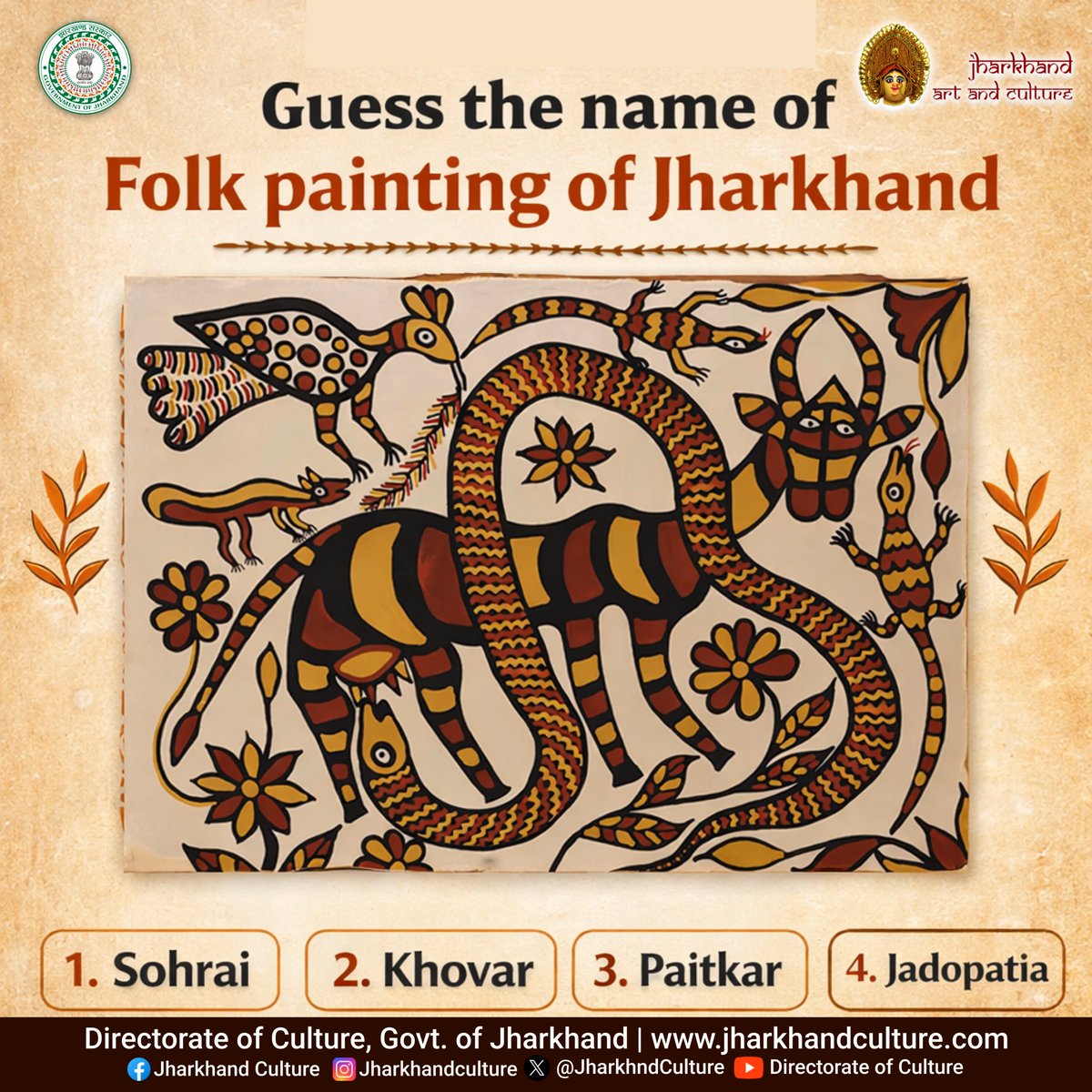 JharkhndCulture's tweet photo. Can you guess the name of this folk painting from Jharkhand? 
Celebrate the rich traditions and timeless art forms of our culture.

#JharkhandCulture #FolkPainting #IndianFolkArt #TraditionalArt #ArtOfJharkhand #CulturalHeritage #IndianArt #TribalArt #ArtQuiz #GuessTheArt #DesiCulture #FolkTradition #HeritageOfIndia #CulturalPride #IndigenousArt #IndianHeritage #CreativeIndia #ArtAwareness #CulturalIndia 

@incredibleindia @prdjharkhand @RanchiPIB @VisitJharkhand