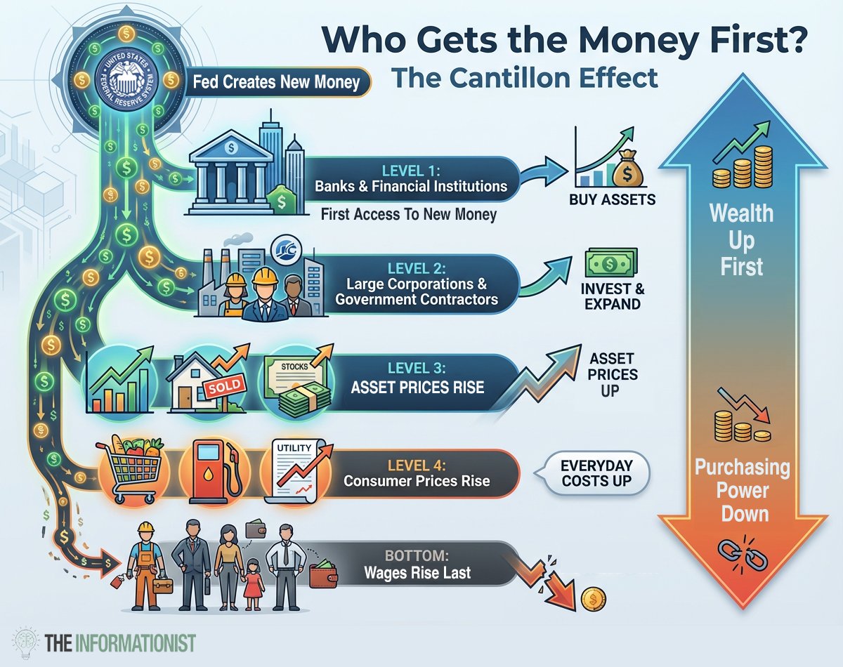 Most people have never heard of the Cantillon Effect.
But once you understand it, you’ll see the world of investing differently.

What is it?

In the early 1700s, Richard Cantillon noticed a simple pattern:
When new money enters an economy, it doesn’t reach everyone at once.
And