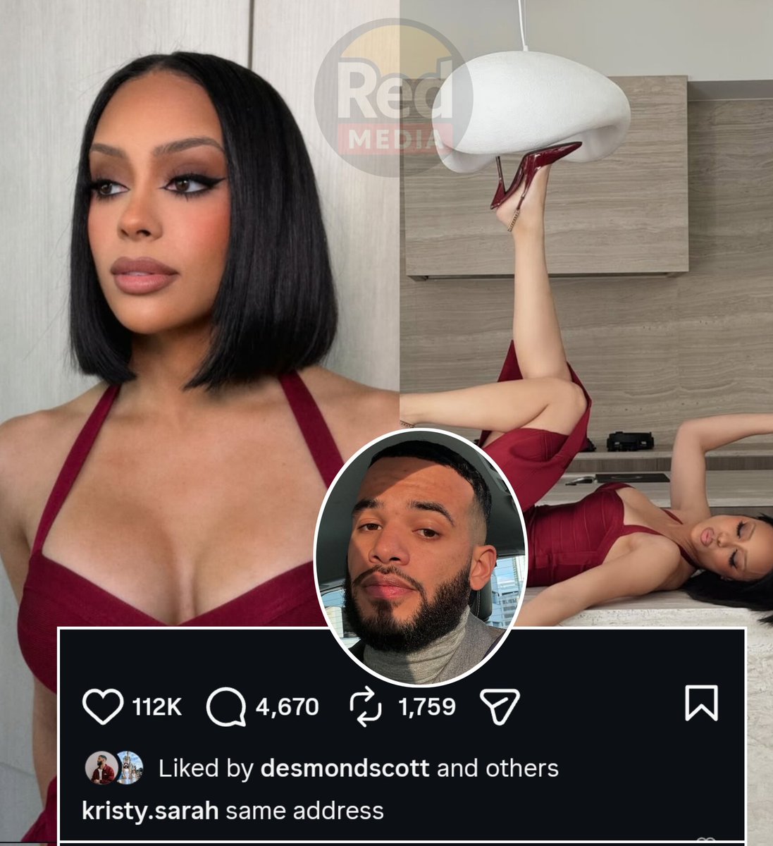 RedMedia_us's tweet image. Kristy Sarah hints in a new Instagram post that Desmond Scott moved out of their multimillion-dollar home for cheating— not her — amid their ongoing divorce.

"same address"