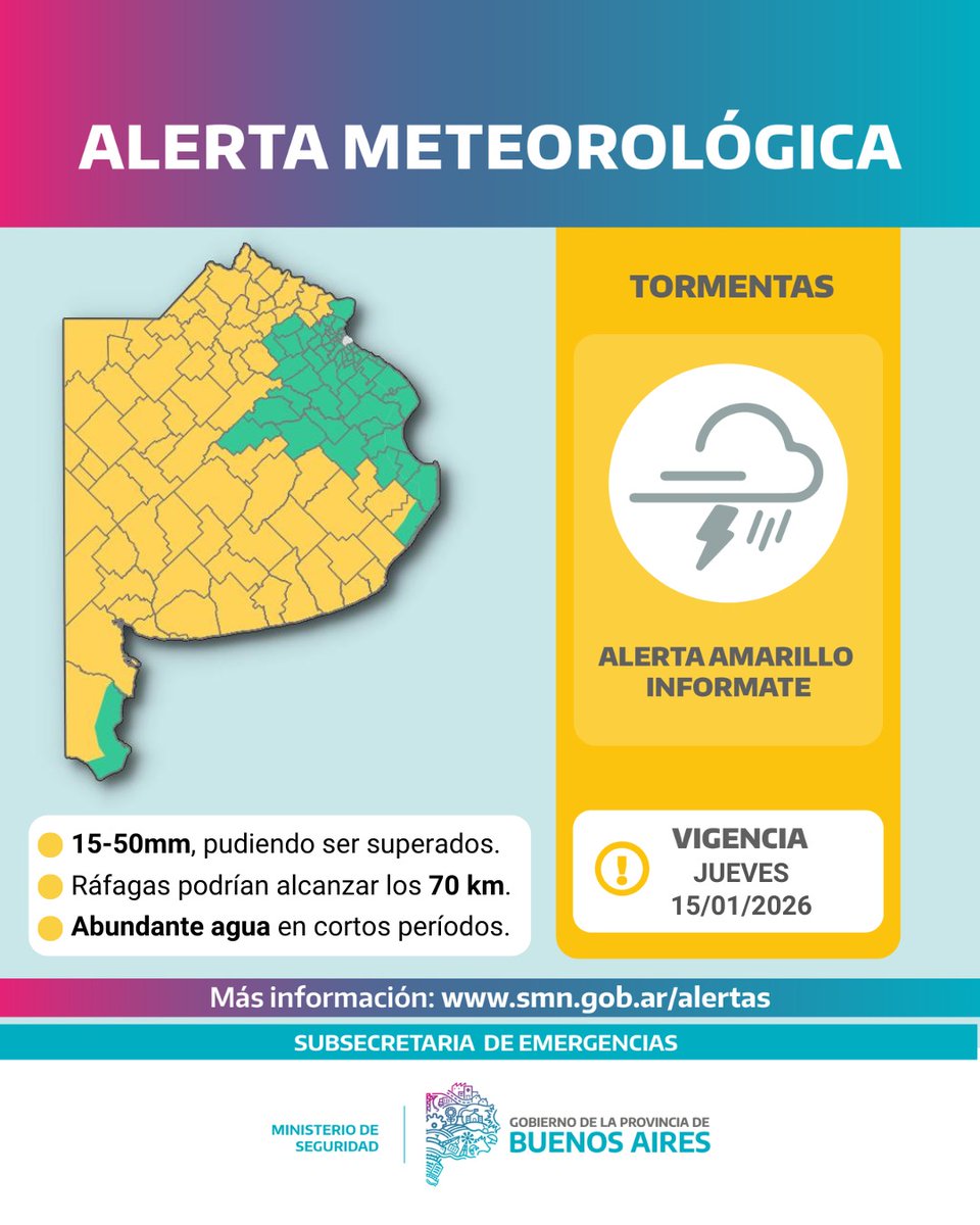 ⚠️ | Información importante

⛈ El Servicio Meteorológico Nacional emitió un alerta amarillo por tormentas de variada intensidad entre la madrugada y la tarde del jueves 15.

Podrán estar acompañadas por intensa actividad eléctrica, ocasional caída de granizo, ráfagas que pueden