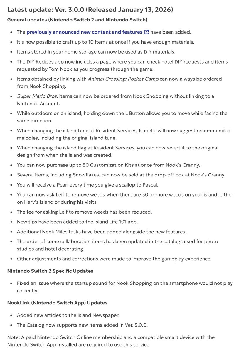 [Animal Crossing: New Horizons]

Here is the full list of changes in version 3.0.0.