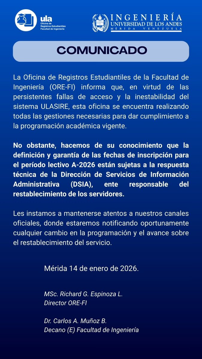 Comunicado a la Comunidad de la Facultad de Ingeniería #ULA #Mérida #14Ene