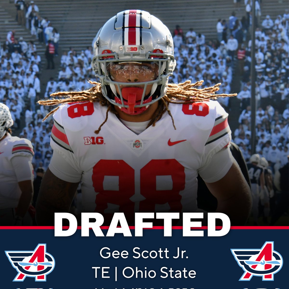 MIPanthersDude's tweet photo. The Columbus Aviators have selected former Ohio State TE Gee Scott Jr!

Scott, a 2025 UDFA, collected 393 receiving yards and 4 TD in five seasons with the Buckeyes, being used as a weapon during the 2024 championship push.

Welcome, @Geescottjr!

#LetsFly ✈️ https://t.co/LcTgY1hxDS
