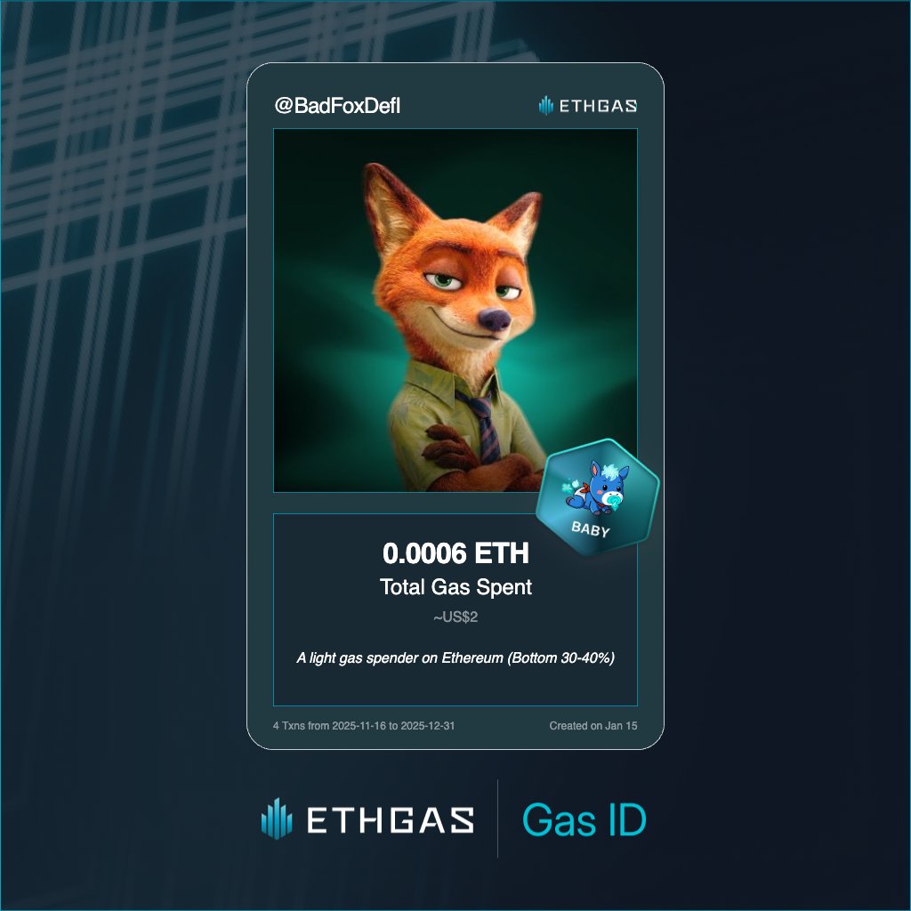BadFoxDefI's tweet image. Leveled up in the Great Gas Reckoning with ETHGas! 💪

Baby Jack status: 0.0006 ETH gas spent, 1 Beans earned—supporting the Gasless Future!

Claim your Gas ID at ethgas.com/community/gas-…