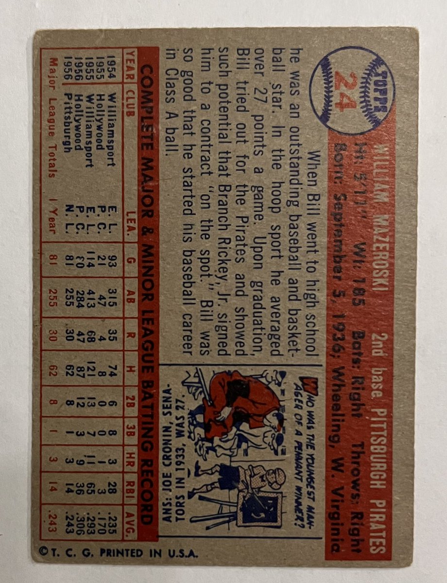 Tec872's tweet image. 1957 Topps Bill Mazeroski Signed HOF RC (corner wear) $85 shipped