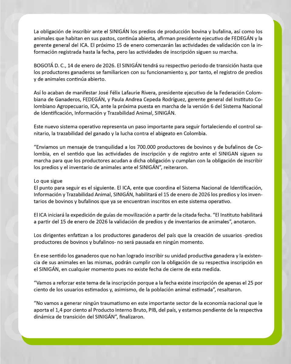 Fedegan's tweet image. 📢 Comunicado Oficial 📢

FEDEGÁN e @ICACOLOMBIA aclaran a los 700.000 ganaderos del país que el registro ante el SINIGÁN sigue abierto

"La creación de usuarios - predios y productores de bovinos y bufalinos no será pausada en ningún momento"

#ConstruyendoGanaderia @jflafaurie…
