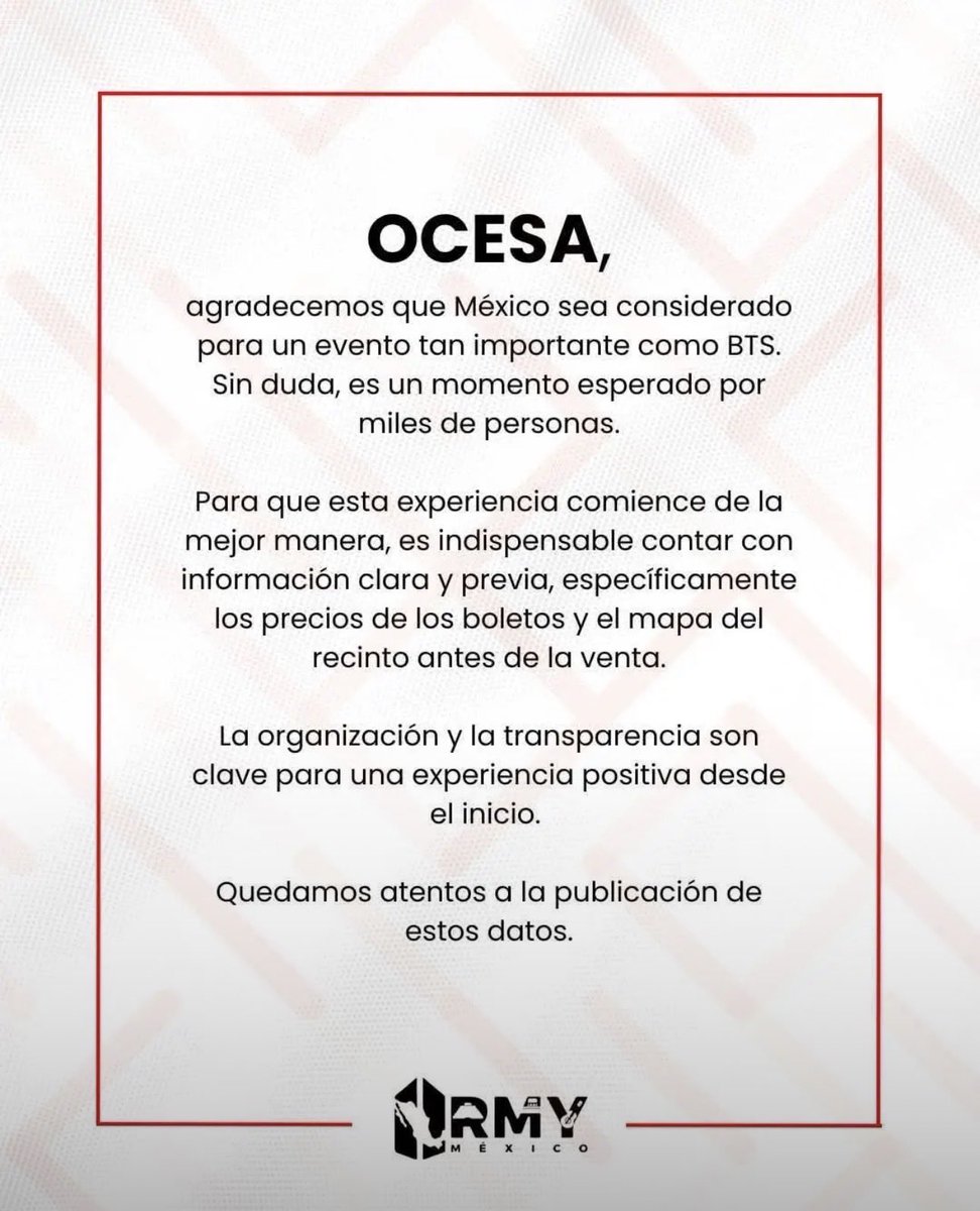 ExercitusInvict's tweet image. Es un honor para Army recibir a BTS en México, por eso mismo solicitamos que se nos brinde toda la información, antes de las preventas. Ocesa queremos claridad, necesitamos precios lo más justos posibles, y sin tarifas dinamicas, y mapa antes de que sea el día de la preventa...
