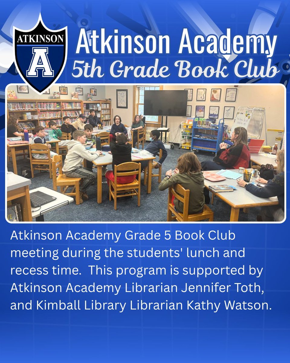 Atkinson Academy Grade 5 Book Club meeting during the students' lunch and recess time.  This program is supported by Atkinson Academy Librarian Jennifer Toth, and Kimball Library Librarian Kathy Watson.