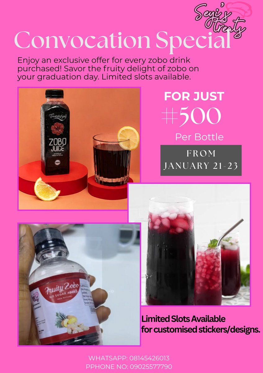 Okeowooluwaseyi's tweet photo. Secure a spot now.
Get free Customised stickers
Free Delivery inside Unilag.
Bulk order ends 17th of January,2026.
#unilag #zobo #graduation #awoof #sugarfreezobo. https://t.co/1ll8jeJ6rG