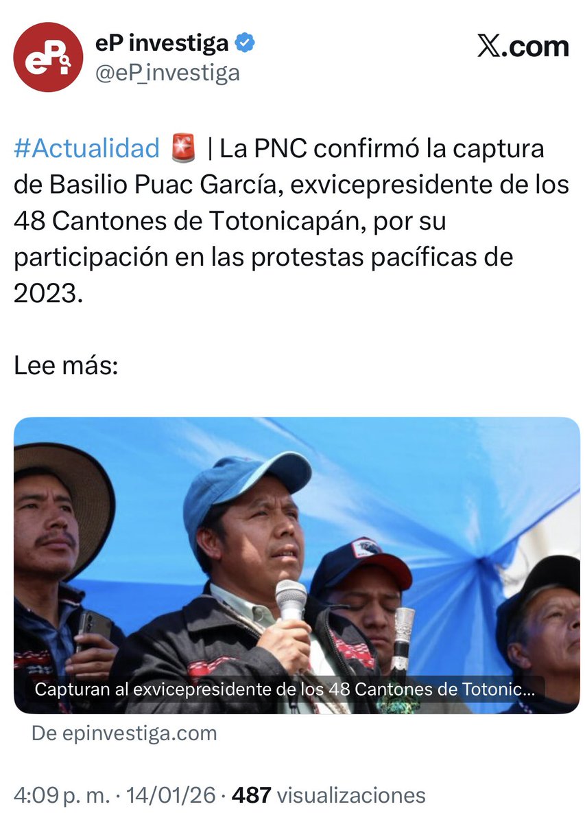ManfredoGuate's tweet image. 🚨 Líderes indígenas que defendieron el orden constitucional siguen siendo perseguidos por el Ministerio Público. 
📌La PNC confirmó la captura de Basilio Puac García, ex vicepresidente de los 48 Cantones de Totonicapán, por su participación en las protestas pacíficas de 2023.…