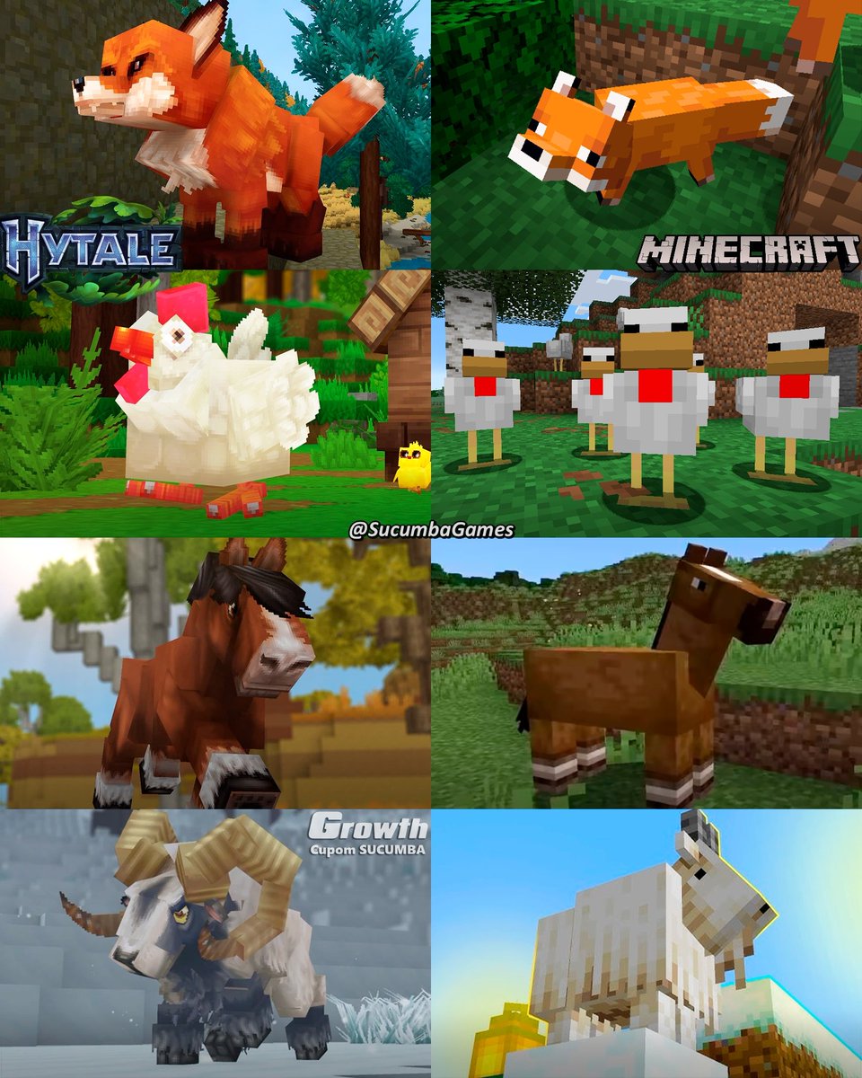 SucumbaGames's tweet image. A diferença entre o estilo artístico dos animais em Hytale e Minecraft