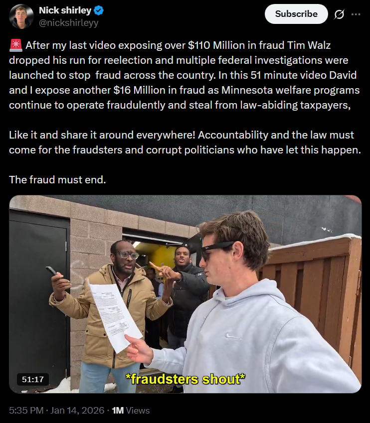 EricLDaugh's tweet image. 🚨 WOW! Nick Shirley's Somali fraud video racked up 1 MILLION views in just 2 hours

Blow it up like the last one, Tim Walz is furious tonight! 🔥