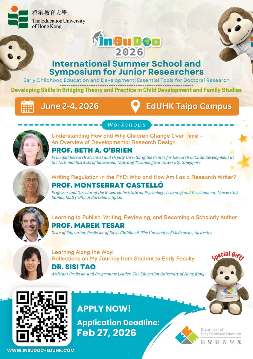 ECE_EdUHK's tweet image. InSuDoc2026 is back with a new website: insudoc-eduhk.com! 

The 4th International Summer School for Junior Researchers for Early Childhood Education and Development will be held from June 2-4, 2026.

Please spread this word and apply by February 27! 
#ECE #EdUHK