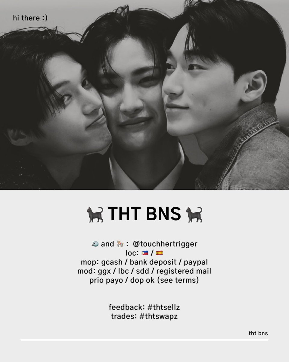 touchhertrigger's tweet image. ‼️READ BEFORE INQUIRING‼️

Hola! Welcome to my bns/stan account for BTS, TXT, and ATEEZ 🐈‍⬛

shop:
bts - #thtmall_bts 
txt - #thtmall_moa
ateez - #thtmall_atz
others - #thtmall_etc

- proofs: #thtsellz
- trades: #thtswapz
- wishlist: #thtplz

👀⬇️