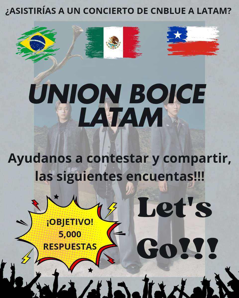 BoiceJalis65482's tweet image. [ALERTA🚨][BOICE Latam asistirías a un concierto de #CNBLUE en cualquiera de los siguientes países? Ayúdanos a responder las encuestas!!! CNBLUE ha confirmado su WORLD TOUR y LATAM luchará por tenerlos de vuelta 
México survey [forms.gle/YXCTLRWtSoBTFE…] 
#3LOGY_In_Latam
#CNBLUE