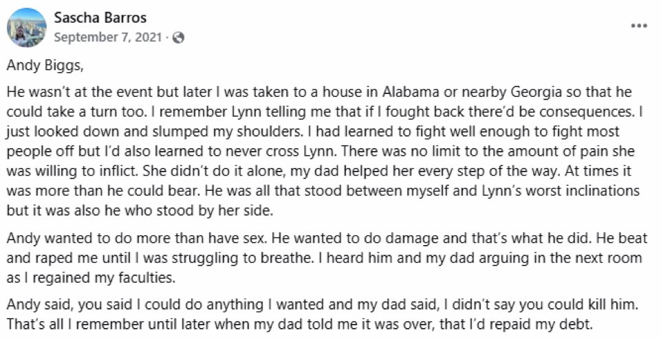 <a href="/ewarren/">Elizabeth Warren</a> Look at this account of Andy Biggs raping and beating nearly to his death the young boy named #SaschaRiley Barros

Sascha is a decorated military veteran, and he provided this testimony related to the criminal sexual activities of multiple members of our government.