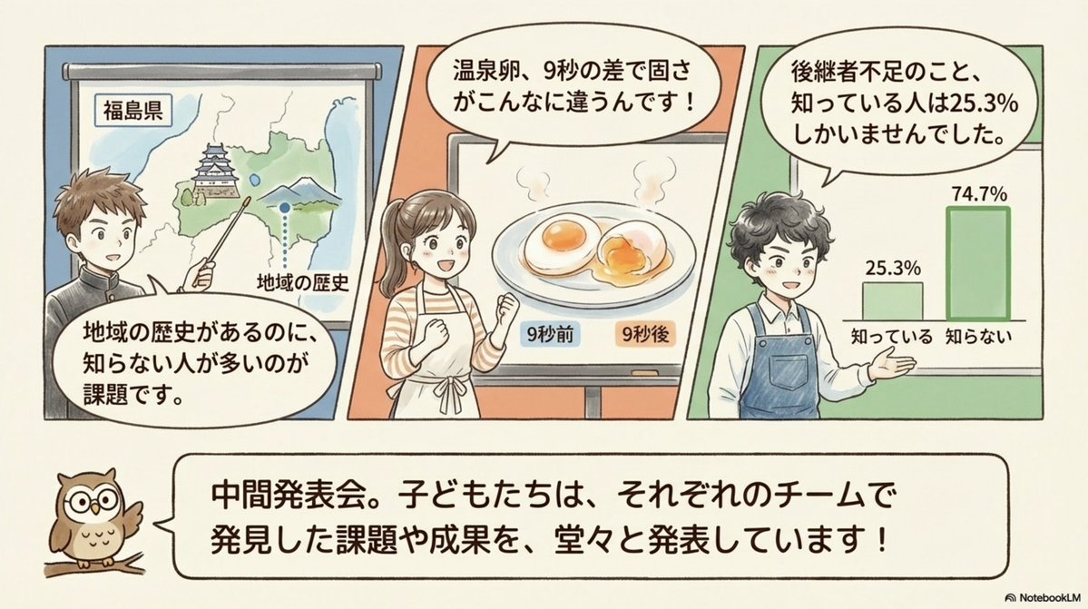 The Fukushima City Board of Education created a Slide Deck as a fun, informative, (and cute!) way to share lesson content with teachers.

Prompt: Please summarize the lesson content in a cute, manga-style format so that even teachers who were not present can understand what