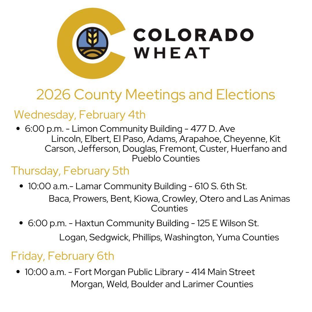 coloradowheat's tweet photo. Mark your calendars! Colorado Wheat's County Meetings and Elections are set for February 4th-6th. Learn more here: https://t.co/eosV4npOvg https://t.co/xsAmrRzak9
