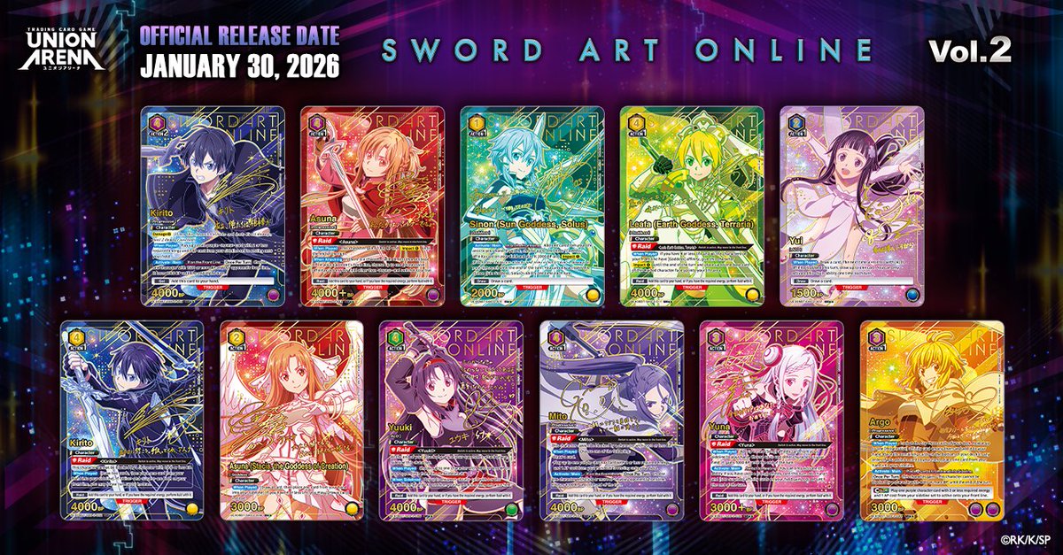 [Poll]
The new Sword Art Online Vol.2 [UEX06BT] Booster Pack includes 11 foil-stamped 2★ signature cards, complete with iconic character lines! 🖊️✨
Which 2★ rarity signed card would you want to pull the most? 👀✨

#UNIONARENA_EN