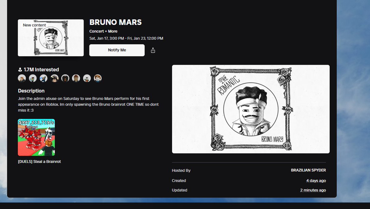 KreekCraft's tweet image. Bruno Mars is doing a Roblox concert in Steal a Brainrot 🤯