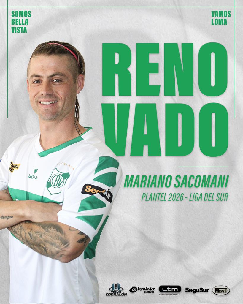 ⚽️ #LigaDelSur |

👉🏼 ¡Sacomani sigue en Bella Vista!

🙌🏼 El capitán Mariano será parte del equipo que afrontará el torneo de la Liga del Sur 2026.

👊🏼 ¡Vamos por un gran año!

#SomosBellaVista